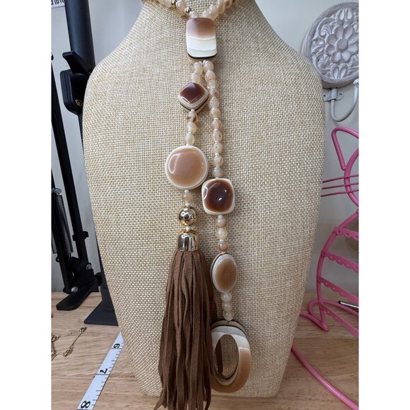 Chicos Long Beaded Necklace W/ Leather Tassel & Gradient Brown Accents - Picture 1 of 16